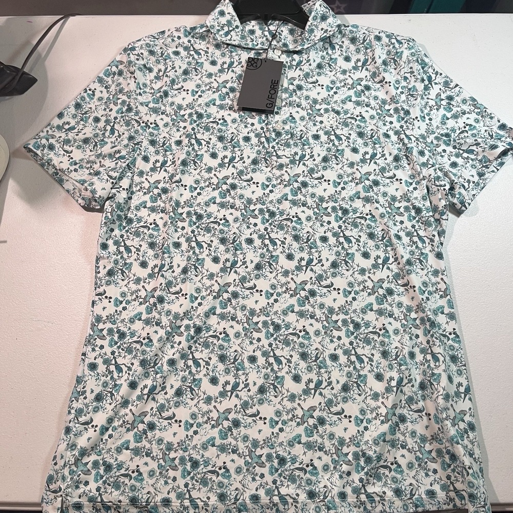NWT G/Fore Mens Small Golf Polo Shirt Color Pattern Trif Blue teal Floral Birds
